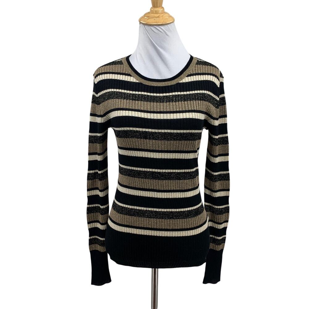 Frame Top Womens S Small Black Gold Wool Blend Panel Striped Ribbed Pullover